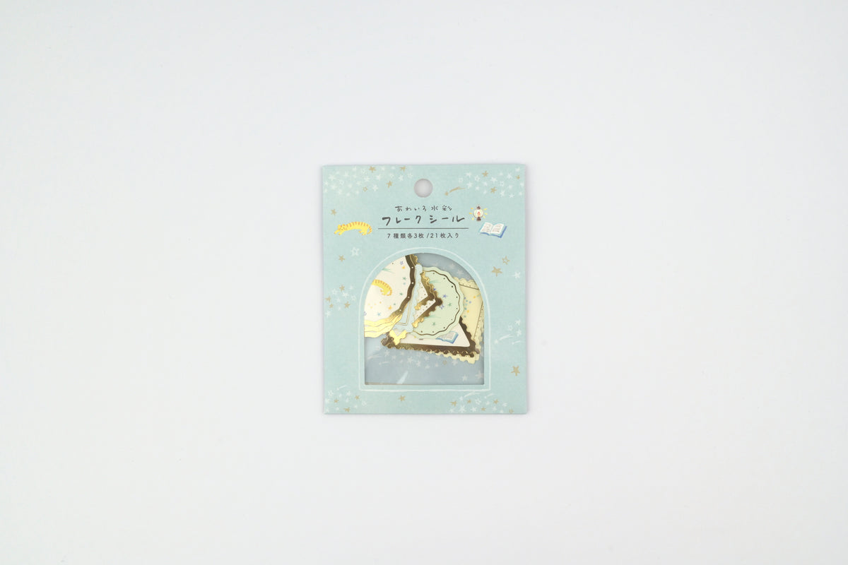 Ryu-Ryu x Honjo Ayako Flake Stickers - Pale Watercolor - Cat and Stars