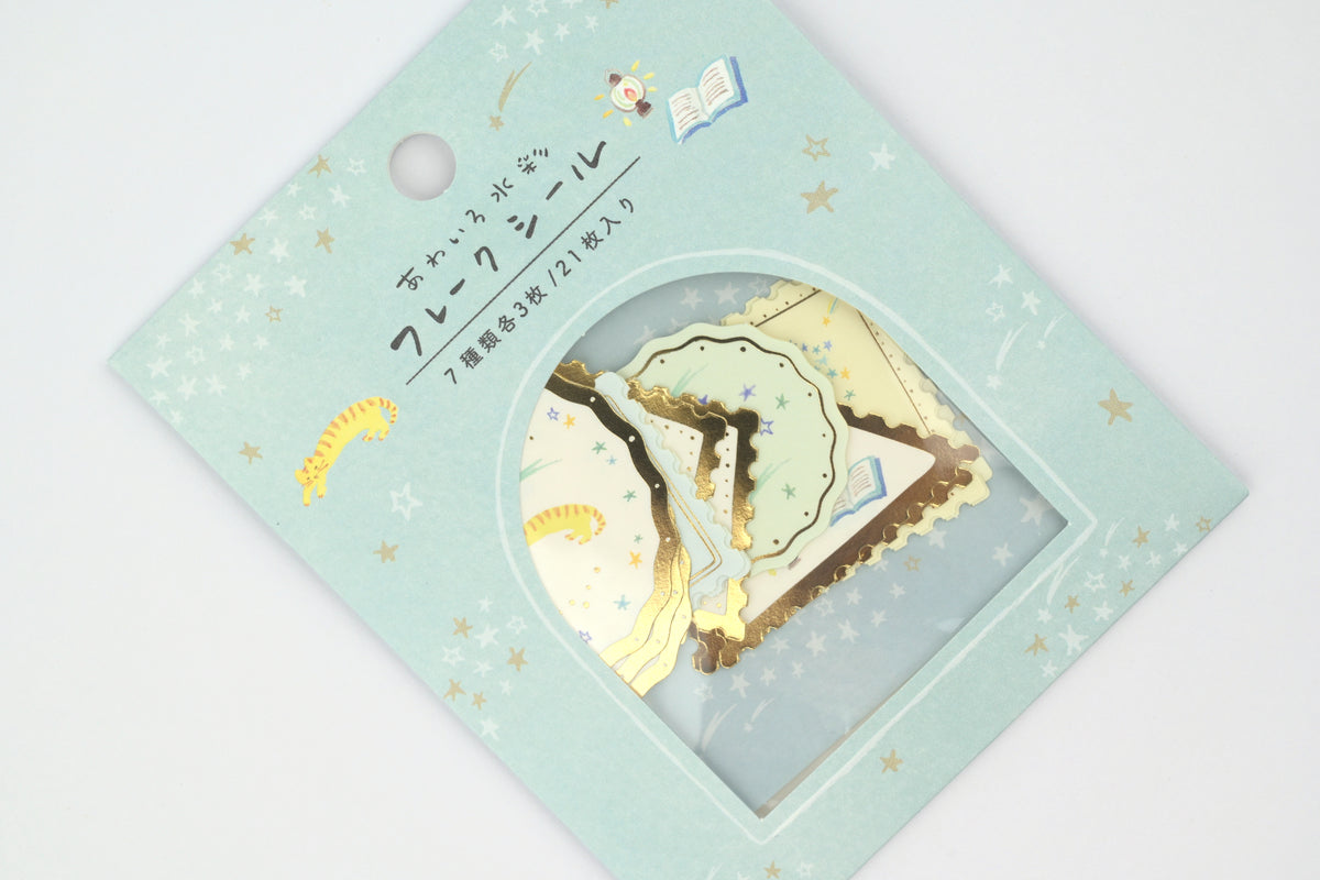 Ryu-Ryu x Honjo Ayako Flake Stickers - Pale Watercolor - Cat and Stars